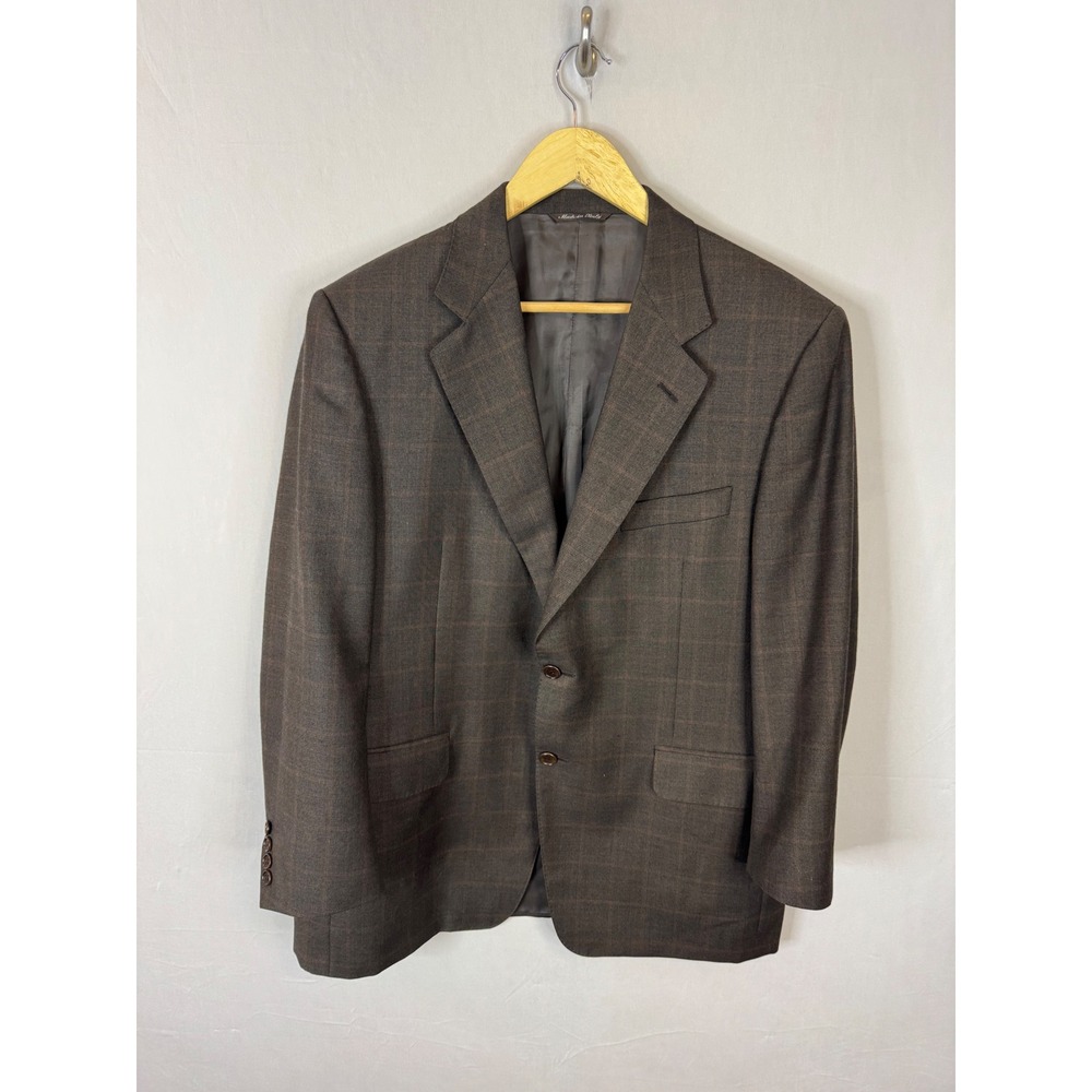 Canali Mens Brown Windowpane Wool Blazer Sport Coat Italy 52 Men 42S 44S  Short